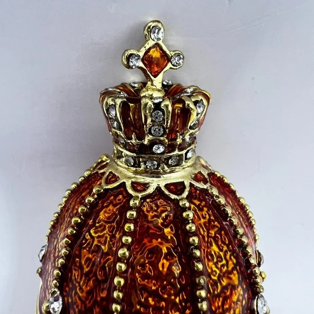 Orange & Gold Faberge-Egg Style Trinket Box With Rhinestones Crown Stones 2.5